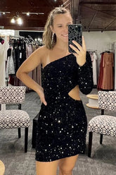 Black Homecoming Dress Waist Cut Out One Shoulder Tight Sequin Prom Dress with Sleeves